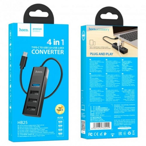 USB-хаб Hoco HB25 4in1 (Type-C to 3xUSB2.0 + USB3.0) black