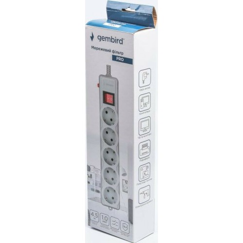 Сетевой фильтр Gembird SPG5-G-15G-PRO 4.5m grey
