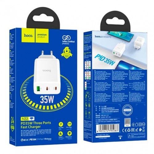 Мережевий зарядний пристрій Hoco N33 PD+QC3.0 (USB, 2xType-C, 35W) white