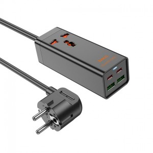 Сетевой фильтр Hoco AC10A QC+PD3.0 65W (2xUSB/2xType-C/1xSocket) black