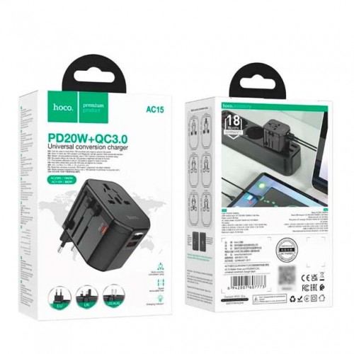 Сетевое зарядное устройство Hoco AC15 PD+QC3.0 (2xUSB, Type-C, Soket, 20W) black