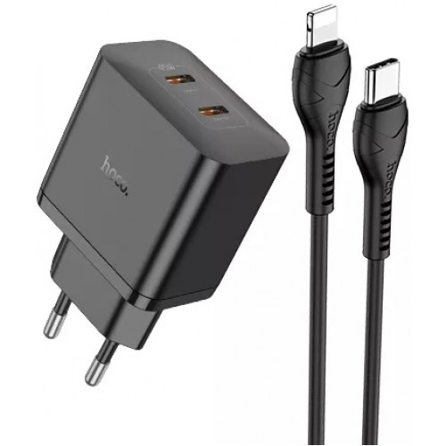 Мережевий зарядний пристрій Hoco N35 PD Lightning (2xType-C, 45W/Cable Type-C to Lightning) black