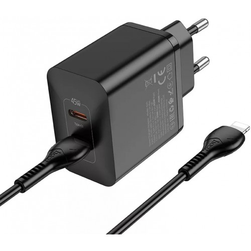 Мережевий зарядний пристрій Hoco N35 PD Lightning (2xType-C, 45W/Cable Type-C to Lightning) black