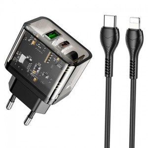 Сетевое зарядное устройство Hoco N34 PD+QC3.0 Lightning (USB, Type-C, 20W/Cable Type-C to Lightning) Black