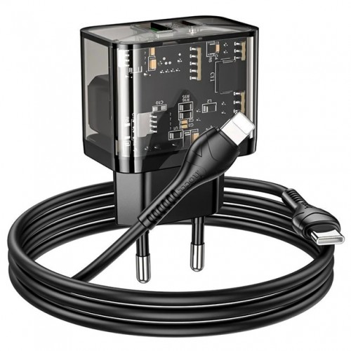 Сетевое зарядное устройство Hoco N34 PD+QC3.0 Lightning (USB, Type-C, 20W/Cable Type-C to Lightning) Black