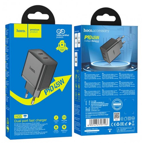 Сетевое зарядное устройство Hoco N35 PD (2xType-C, 45W) black