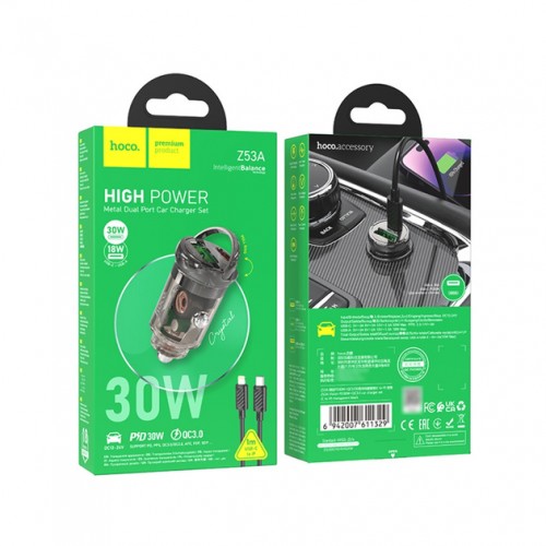 АЗП Hoco Z53A PD+QC3.0 Lightning (USB, Type-C, 30W/Cable Type-C to Lightning) Black