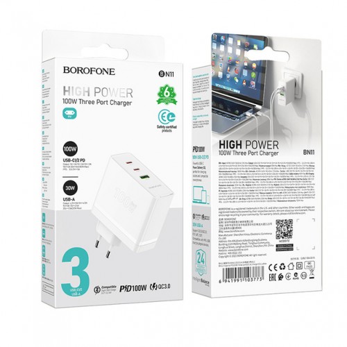 Сетевое зарядное устройство Borofone BN11 PD+QC3.0 (USB, 2xType-C, 100W) white