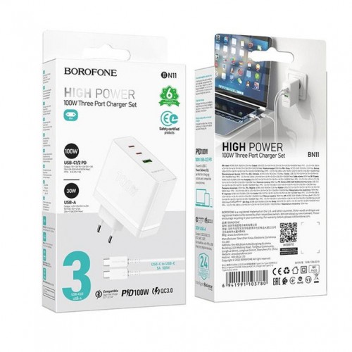 Сетевое зарядное устройство Borofone BN11 PD+QC3.0 Type-C (USB, 2xType-C, 100W/Cable Type-C to Type-C) white