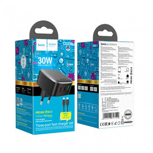 Сетевое зарядное устройство Hoco CS33A PD+QC3.0 Lightning (2xUSB, Type-C, 30W/Cable Type-C to Lightning) black