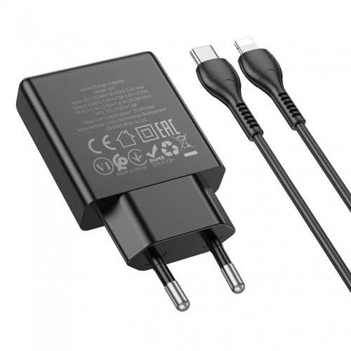 Мережевий зарядний пристрій Hoco N37 Slim PD Lightning (Type-C, 20W/Cable Type-C to Lightning) Black