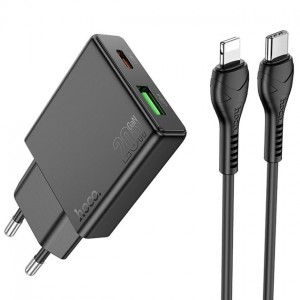Сетевое зарядное устройство Hoco N38 PD+QC3.0 Lightning (USB, Type-C, 20W/Cable Type-C to Lightning) Black