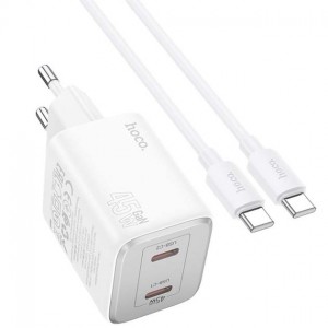 Сетевое зарядное устройство Hoco N42 PD Type-C (2xType-C, 45W/Cable Type-C to Type-C) white