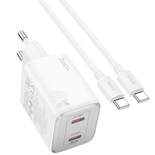 Сетевое зарядное устройство Hoco N42 PD Type-C (2xType-C, 45W/Cable Type-C to Type-C) white