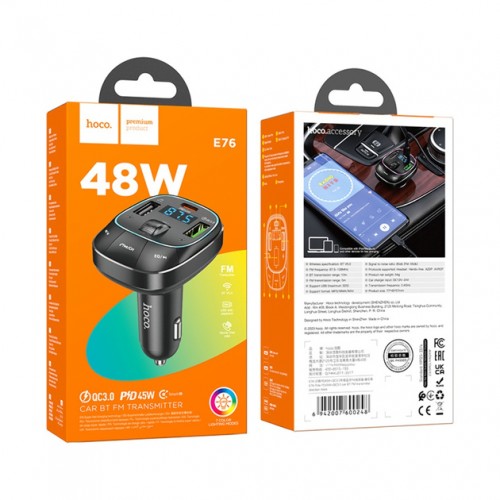 FM-трансмиттер Hoco E76 PD+QC3.0 (АЗУ 2xUSB, Type-C, 48W) black