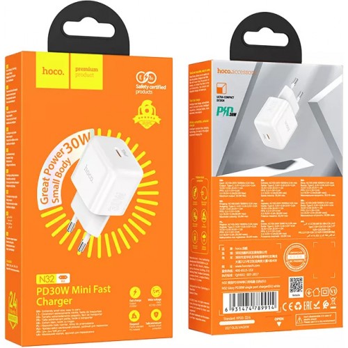 Мережевий зарядний пристрій Hoco N32 PD (Type-C, 30W) White