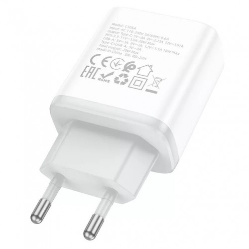 Сетевое зарядное устройство Hoco C105A PD+QC3.0 (USB, Type-C, 20W) White