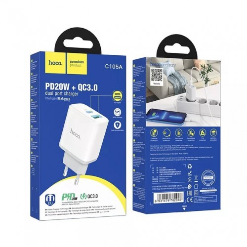 Сетевое зарядное устройство Hoco C105A PD+QC3.0 (USB, Type-C, 20W) White