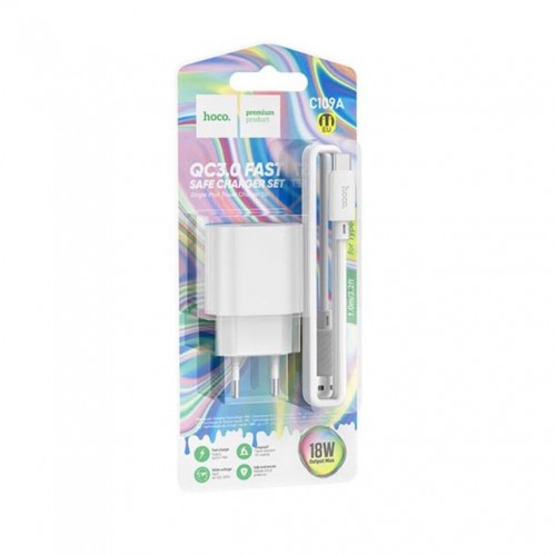 Сетевое зарядное устройство Hoco C109A QC3.0 Type-C (USB 3A, 18W/Cable Type-C) White