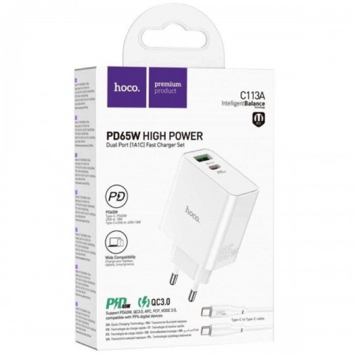 Мережевий зарядний пристрій Hoco C113A PD+QC3.0 (USB, Type-C, 65W) White