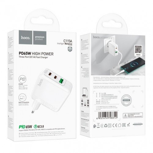 Мережевий зарядний пристрій Hoco C115A PD+QC3.0 (USB, Type-C, 65W) White