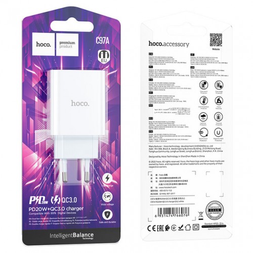 Мережевий зарядний пристрій Hoco C97A PD+QC3.0 (USB, Type-C, 20W) White