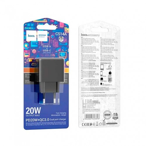 Мережевий зарядний пристрій Hoco CS14A PD+QC3.0 (USB, Type-C, 20W) Black