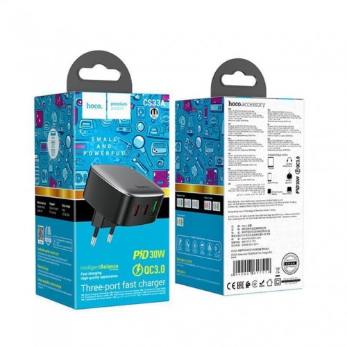 Сетевое зарядное устройство Hoco CS33A PD+QC3.0 (USB, 2xType-C, 30W) Black