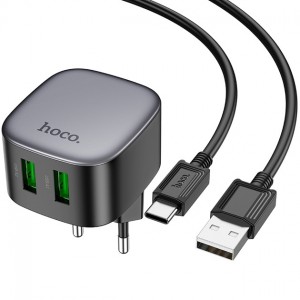 Сетевое зарядное устройство Hoco CS34A QC3.0 Type-C ( 2xUSB, 18W/Cable Type-C) Black