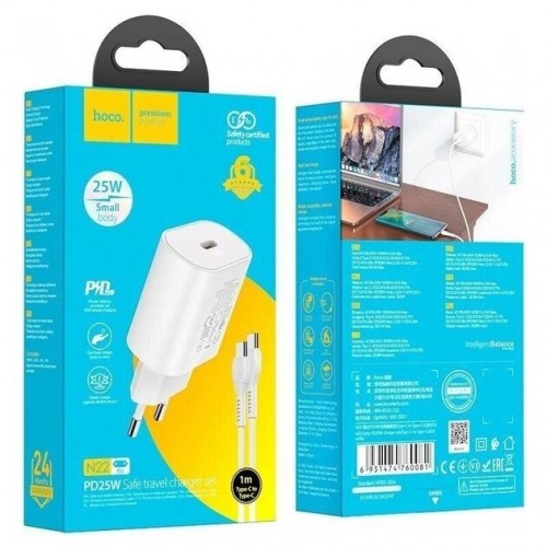 Сетевое зарядное устройство Hoco N22 PD Type-C (Type-C, 25W/Cable Type-C to Type-C) White