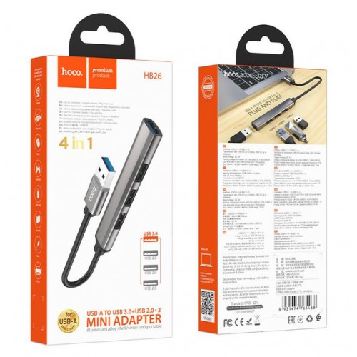 USB-хаб Hoco HB26 4in1 (USB to 3xUSB2.0 + USB3.0) Grey