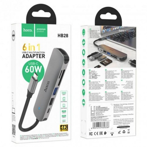 USB-хаб Hoco HB28 (Type-C to USB2.0, USB3.0, HDMI, SD, TF, PD) Grey