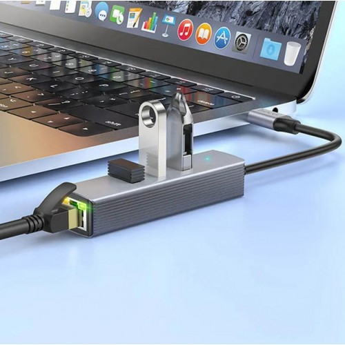 USB-хаб Hoco HB34 4in1 (Type-C to 3xUSB3.0 + RJ45 Gigabit Ethernet 1000Mbps) Grey
