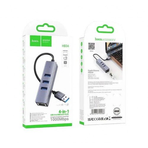 USB-хаб Hoco HB34 4in1 (USB to 3xUSB3.0 + RJ45 Gigabit Ethernet 1000Mbps) Grey