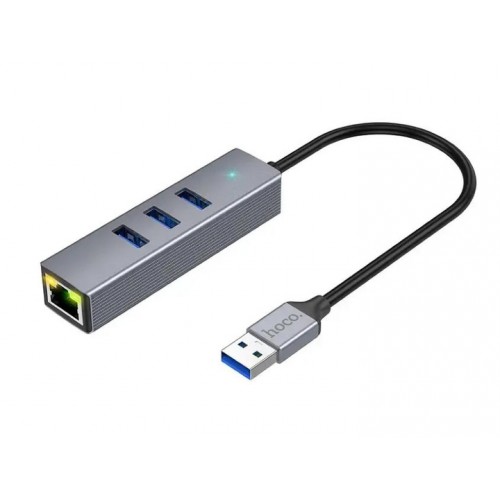 USB-хаб Hoco HB34 4in1 (USB to 3xUSB3.0 + RJ45 Gigabit Ethernet 1000Mbps) Grey