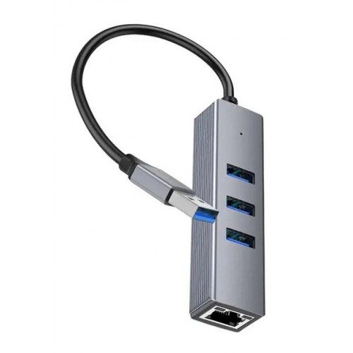 USB-хаб Hoco HB34 4in1 (USB to 3xUSB3.0 + RJ45 Gigabit Ethernet 1000Mbps) Grey