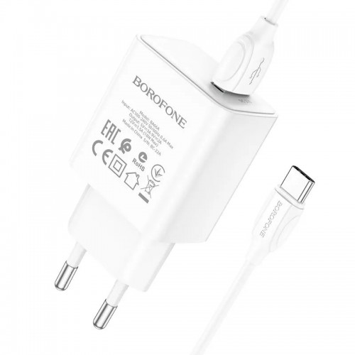 Мережевий зарядний пристрій Borofone BA66A QC3.0 Type-C (USB, 18W/Cable Type-C) White