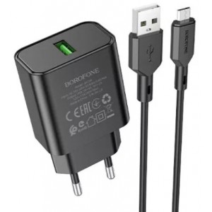 Сетевое зарядное устройство Borofone BA72A QC3.0 Micro (USB 3A, 18W/Cable MicroUSB) Black