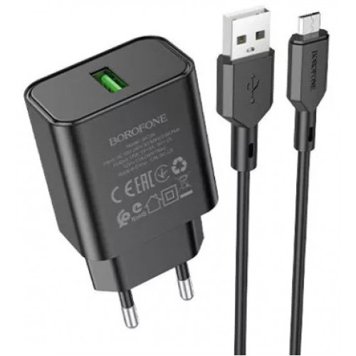Сетевое зарядное устройство Borofone BA72A QC3.0 Micro (USB 3A, 18W/Cable MicroUSB) Black
