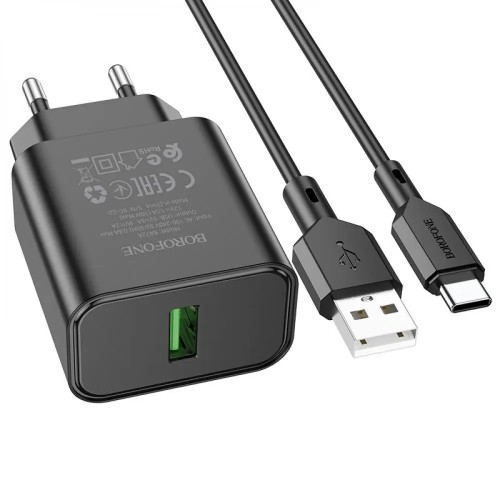 Сетевое зарядное устройство Borofone BA72A QC3.0 Type-C (USB 3A, 18W/Cable Type-C) Black