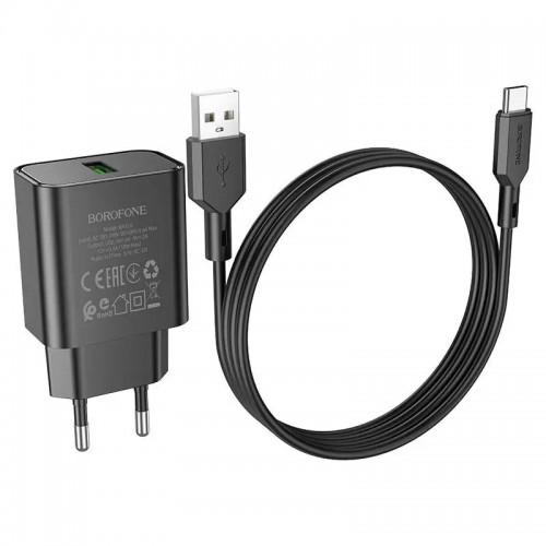 Сетевое зарядное устройство Borofone BA72A QC3.0 Type-C (USB 3A, 18W/Cable Type-C) Black