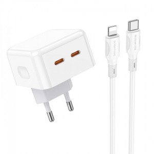 Сетевое зарядное устройство Borofone BA76A PD+QC3.0 Lightning (2xType-C, 35W/Cable Type-C to Lightning) White