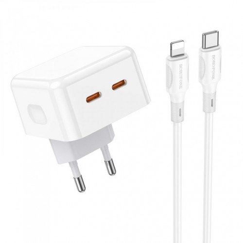 Мережевий зарядний пристрій Borofone BA76A PD+QC3.0 Lightning (2xType-C, 35W/Cable Type-C to Lightning) White