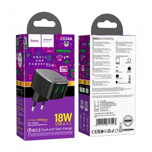 Сетевое зарядное устройство Hoco CS34A QC3.0 (2xUSB, 18W) Black