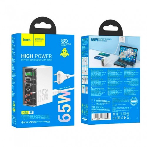 Сетевое зарядное устройство Hoco N36 PD+QC3.0 (3xUSB, 3xType-C, 65W) White