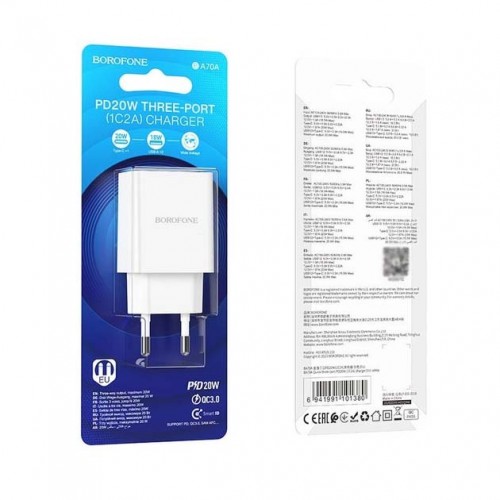 Сетевое зарядное устройство Borofone BA70A PD+QC3.0 (2xUSB, Type-C, 20W) White