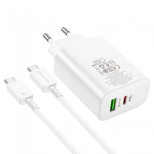 Сетевое зарядное устройство Borofone BN10 PD+QC3.0 Type-C (USB, Type-C, 65W/Cable Type-C to Type-C) White