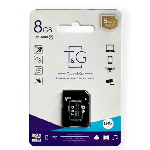 Карта памяти MicroSDHC 8Gb T&G Class 10 UHS-I (SD-адаптер)