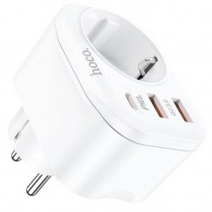 Мережевий зарядний пристрій Hoco NS3 PD+QC3.0 (2xUSB, Type-C, Soket, 20W) White