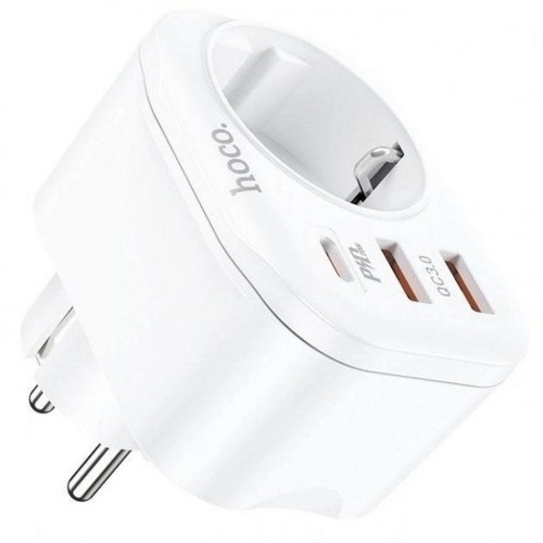 Мережевий зарядний пристрій Hoco NS3 PD+QC3.0 (2xUSB, Type-C, Soket, 20W) White